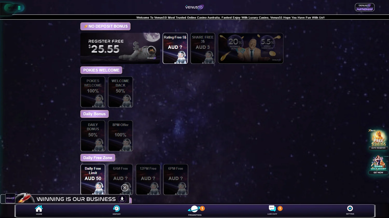 Venus55 Casino desktop promotions view with welcome, reload and loyalty offers