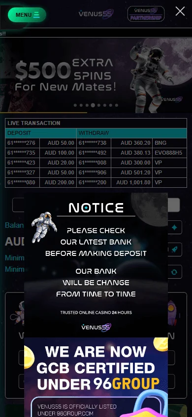 Venus55 Casino mobile home view with AUD account access and casino features