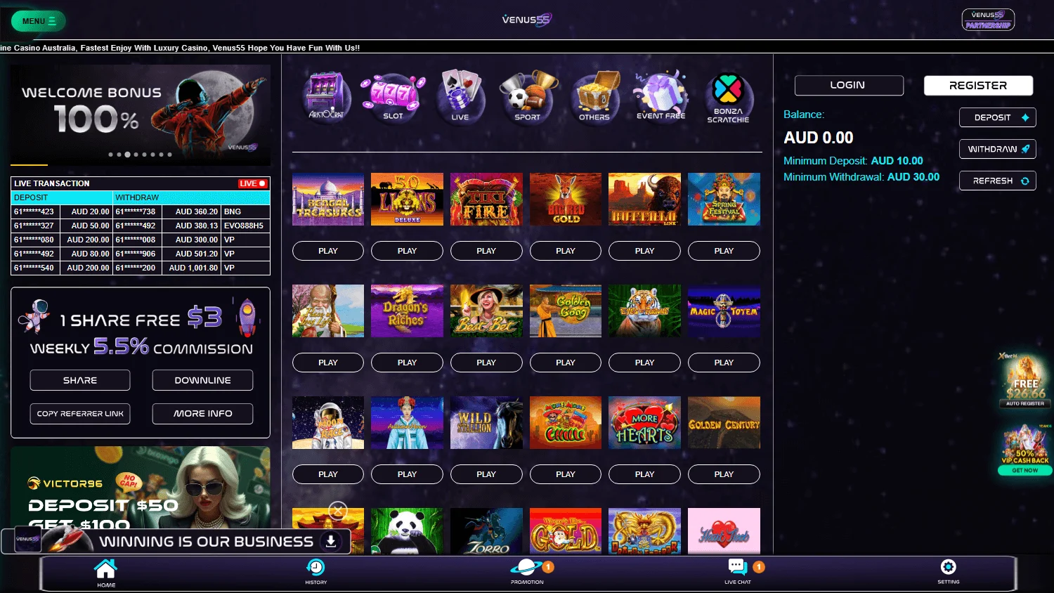 Venus55 Casino desktop home view with the AUD welcome offer and casino account features