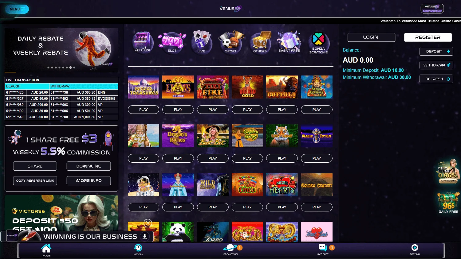 Venus55 Casino desktop games view with pokies, live casino and other game categories