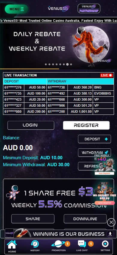 Venus55 Casino mobile games view with pokies and live casino options